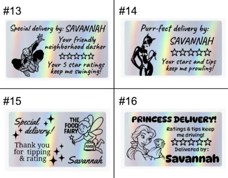 K&ouml;nnte beinhalten: Vier rechteckige holografische Aufkleber mit schwarzen grafischen Illustrationen und Text. Die Designs zeigen einen Superhelden, eine katzenartige Figur, eine Fee mit einer Essenstasche und eine Prinzessin, jeweils mit Lieferbotschaften.