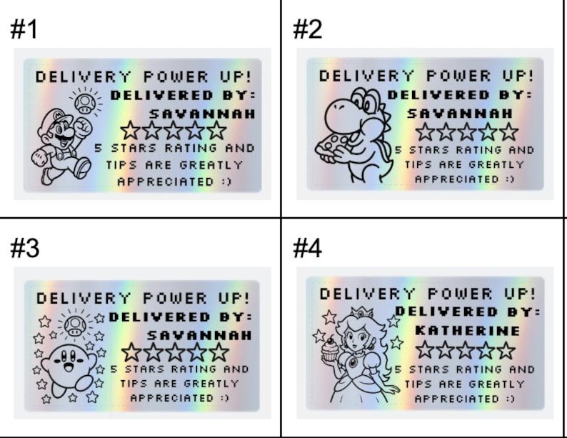 K&ouml;nnte beinhalten: Vier rechteckige holografische Aufkleber mit verpixeltem Text, der DELIVERY POWER UP! DELIVERED BY: gefolgt von einem Namen, f&uuml;nf Sternen und dem Text 5 STARS RATING AND TIPS ARE GREATLY APPRECIATED :) lautet. Jeder Aufkleber zeigt eine Figur.