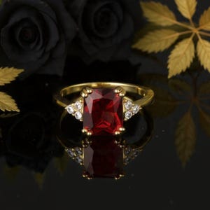 Ruby Engagement Proposal Ring Emerald Cut Bridal Promise Ring Art Deco Statement Ring Minimalist Cluster Ruby Ring Wedding Anniversary Ring.