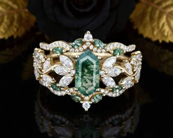 Vintage 3 Piece Moss Agate Wedding Ring Set Hexagon Moss Agate Engagement Ring Unique Solid Gold Cluster Moissanite Ring Bridal Promise Ring