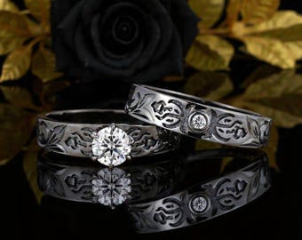 Vintage Engraved Moissanite Couple Ring Set Black Rhodium Gold Couple Wedding Band Men's Wedding Ring His and Hers Promise Engagement Ring