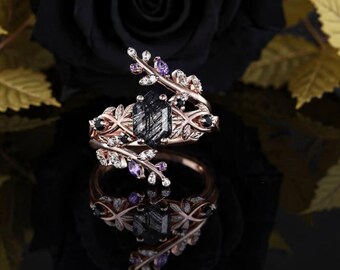 Vintage Hexagonal Black Rutilated Quartz Engagement Ring Rose Gold Vine Leaf Ring Nature Inspired Ring Set Enhanced Wedding Bridal Ring Set