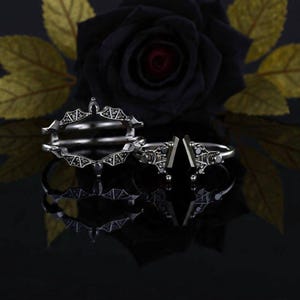 Gothic Spider Web Coffin Black Onyx Engagement Ring Set, Black Bat Wedding Band, 3pcs Ring Set Unique Dark Ring Alternative Wedding Jewelry