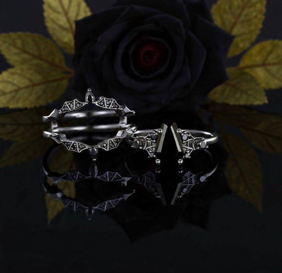 Gothic Spider Web Coffin Black Onyx Engagement Ring Set, Black Bat Wedding Band, 3pcs Ring Set Unique Dark Ring Alternative Wedding Jewelry
