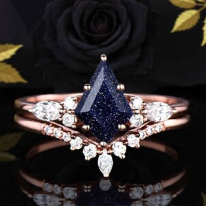 Unique Blue Sandstone Engagement Proposal Ring Kite Cut Sandstone Bridal Promise Ring Set Dainty Stackable Ring Wedding Anniversary Ring Set