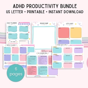 Pode incluir: Um pacote de seis páginas imprimíveis de produtividade TDAH em cores pastel. As páginas incluem planejadores diários e semanais, uma folha de brainstorming, uma página 'Let's Sort' e um 'Menu Dopamina'. O texto inclui 'ADHD Productivity Bundle'.