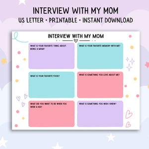 Könnte beinhalten: Ein druckbares "Interview mit meiner Mutter"-Fragebogen auf weißem Hintergrund. Das Dokument enthält sechs Ausfüllaufforderungen in Pastellfarben, darunter "Was ist dein Lieblingsessen?" und "Was ist deine liebste Erinnerung mit mir?"