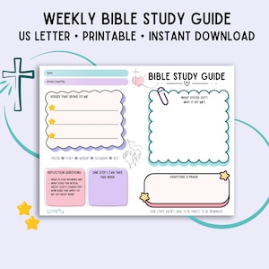 Op de afbeelding: Een afdrukbare wekelijkse Bijbelstudiegids met een lichtpaars en blauwgroen kleurenschema. De gids bevat secties voor verzen, reflectievragen en dankbaarheid. Tekst bevat "Weekly Bible Study Guide" en "Instant Download".