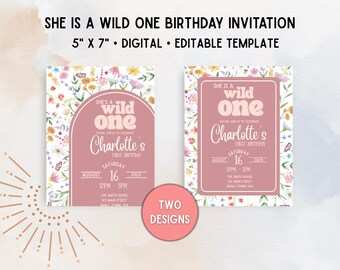 Invitación de primer cumpleaños con flores silvestres: Plantilla bohemia de Canva (descarga digital imprimible de 13 x 18 cm)