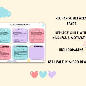 May include: A colorful infographic titled "The Dopamine Menu" with sections for sensory snacks, quick movement, digital rewards, creative hits, connection & care, and favorite boosts. Text includes "Recharge Between Tasks" and "Replace Guilt with Kindness & Motivation."