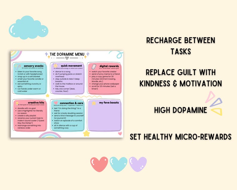 May include: A colorful infographic titled "The Dopamine Menu" with sections for sensory snacks, quick movement, digital rewards, creative hits, connection & care, and favorite boosts. Text includes "Recharge Between Tasks" and "Replace Guilt with Kindness & Motivation."
