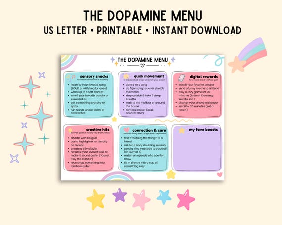 ADHD Dopamine Menu Printable | Executive Function Reward Chart | Neurodivergent Self-Care List | Instant Download PDF