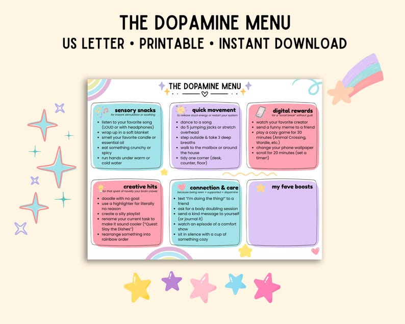 May include: A printable "Dopamine Menu" on US Letter paper, featuring colorful boxes with self-care activity suggestions. The top text reads "The Dopamine Menu" with the words "US LETTER &bull; PRINTABLE &bull; INSTANT DOWNLOAD" below. The design includes stars and a rainbow.