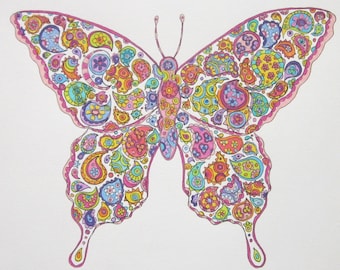 Butterfly Art Boho Decor Original Drawing Flower Power 8" x 10" Fits in Standard Frame