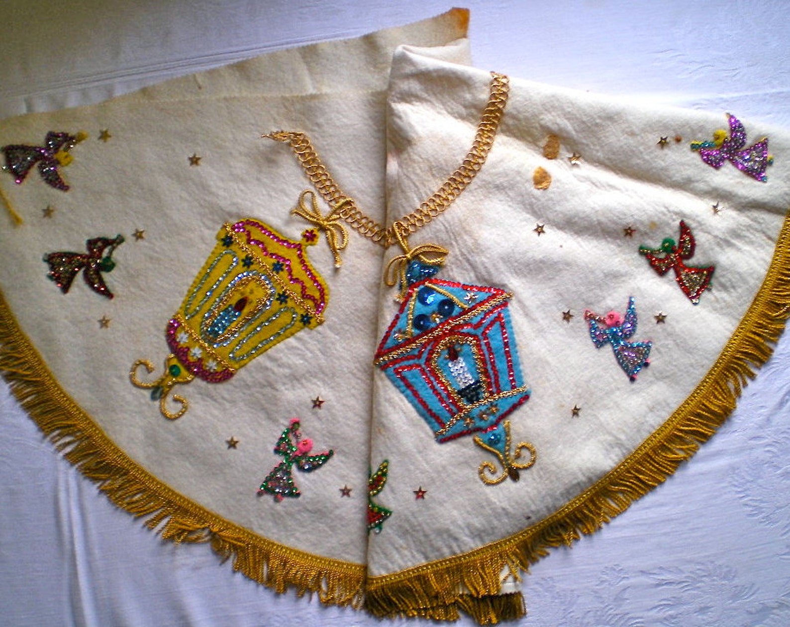 Vintage Christmas Tree Skirt Felt Sequins Hand Made | Etsy