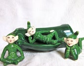 Vintage Elves Green Elf Figurines Pixie Planter Mid Century Decor Christmas 1960s Set of 3