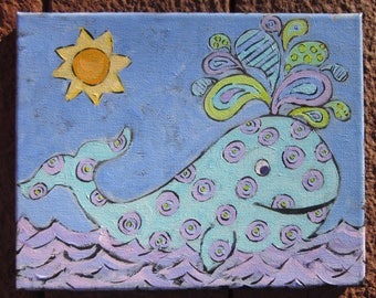 Whale, Nautical, Original Art, Blue, Purple, Ready to hang, 10" x 8", Free Shipping