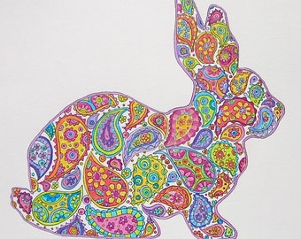 Rabbit Easter Bunny Original Art Drawing Boho Design Flower Power OOAK Fits is standard 8" x 10" Frame