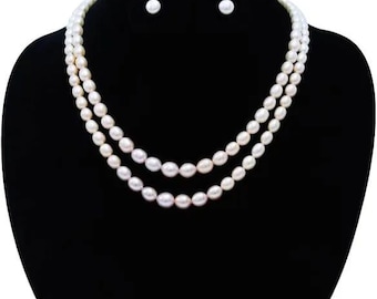 Conjunto de collar de perlas de agua dulce AAA / Joyería nupcial de doble hebra