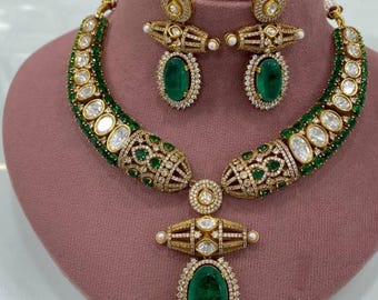 Royal Emerald Green Kundan Choker Necklace Set | Polki Bridal Jewelry