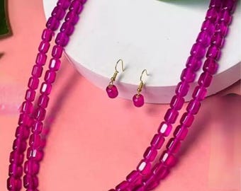 Fuchsia Pink Beaded Necklace Set – Handmade Statement Jewelry, Earrings