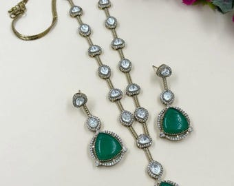 Green Doublet Stone Necklace Set | CZ Indian Bridal Jewelry
