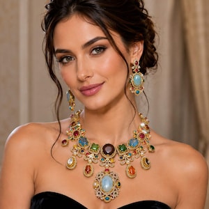 May include: A gold-toned statement necklace and matching drop earrings featuring an array of multi-colored cabochon gemstones, including blue, red, green, and orange stones, accented with small clear crystals and intricate filigree metalwork.