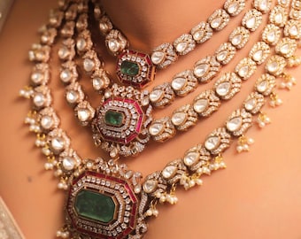 Kundan Polki Bridal Necklace Set | Emerald & Pearl Indian Jewelry