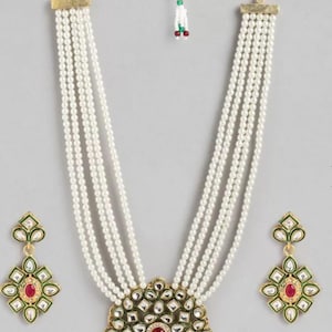 Pearl Beaded Kundan Necklace Set | Indian Bridal Jewelry with Earrings | Traditional Ethnic Necklace | Handmade Festive Jewelry
