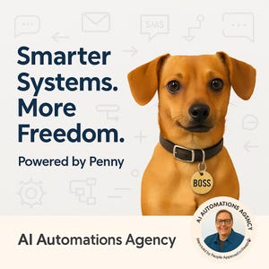 May include: A smiling brown dog wearing a black collar with a "BOSS" tag. The image includes the text "Smarter Systems. More Freedom. Powered by Penny" and "AI Automations Agency."
