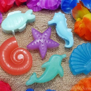 May include: A collection of colorful, sea-themed soaps. The soaps are shaped like a fish, seahorse, starfish, dolphin, and seashell. The soaps are in shades of blue, purple, orange, and red. The soaps are arranged on a tan towel and surrounded by colorful flowers.