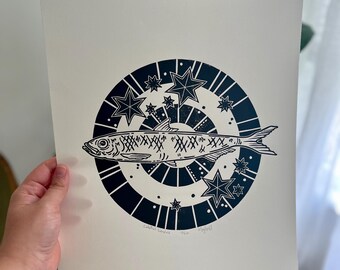 Sardine Block Print, Original Artwork, Celestial Sardine