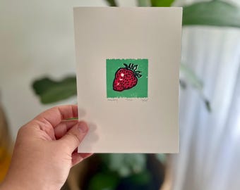 Strawberry Block Print: Original Hand Carved Tiny Art