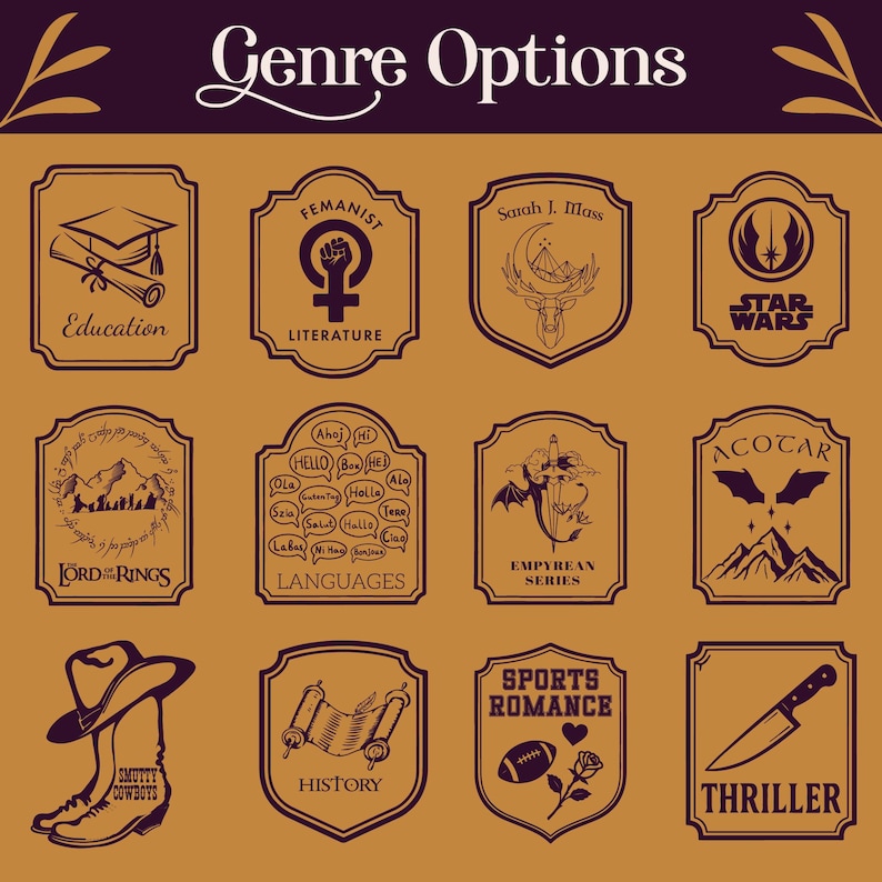 K&ouml;nnte beinhalten: Eine Sammlung braun gerahmter Illustrationen mit verschiedenen Genre-Themen. Die Illustrationen zeigen eine Graduiertenkappe, eine Faust, einen Hirsch, ein Star Wars-Logo, Berge, Sprachen, eine Fledermaus, Berge, einen Cowboy-Stiefel, eine Schriftrolle, einen Football und ein Messer. Der Text "Genre Options" steht oben.