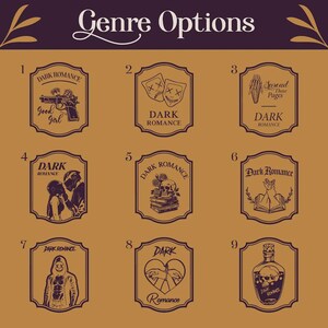 May include: A collection of nine dark romance-themed graphic designs on a mustard-colored background. Each design is in a framed label with illustrations of a gun, masks, a hand, a couple, a skull, a book, a person in a hoodie, hands forming a heart, and a potion bottle. The text "Genre Options" is at the top.