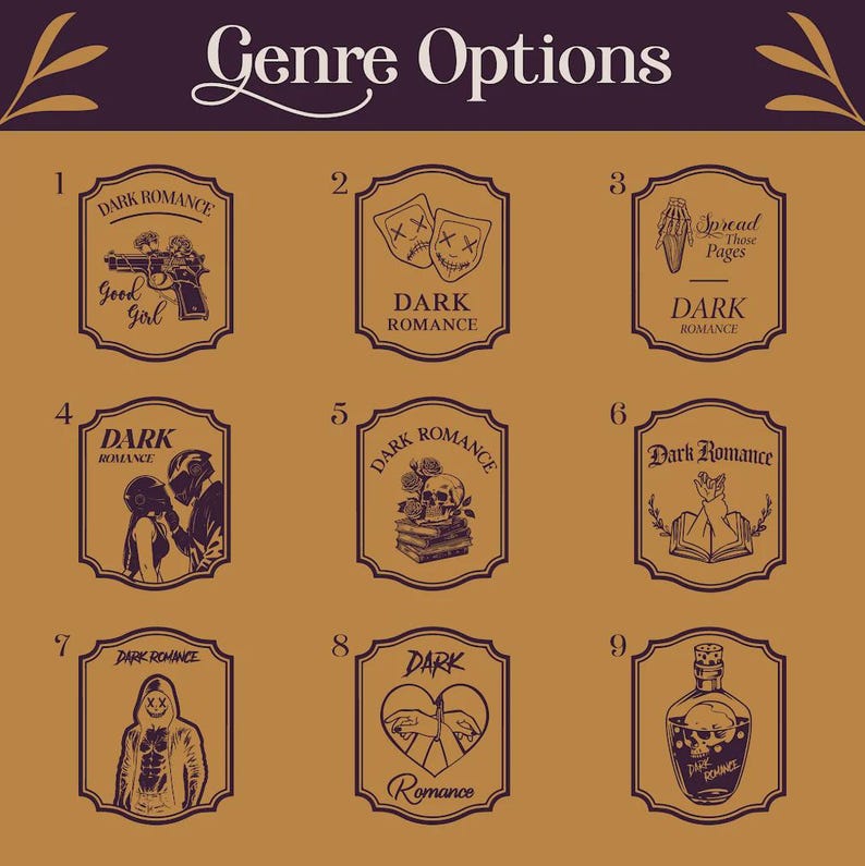 May include: A collection of nine dark romance-themed graphic designs on a mustard-colored background. Each design is in a framed label with illustrations of a gun, masks, a hand, a couple, a skull, a book, a person in a hoodie, hands forming a heart, and a potion bottle. The text "Genre Options" is at the top.