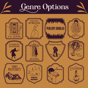 May include: A collection of brown and cream-colored labels with illustrations and author names. The labels are for various genres, including C.S. Lewis, Margaret Atwood, and Dr. Seuss. The text "Genre Options" is at the top.