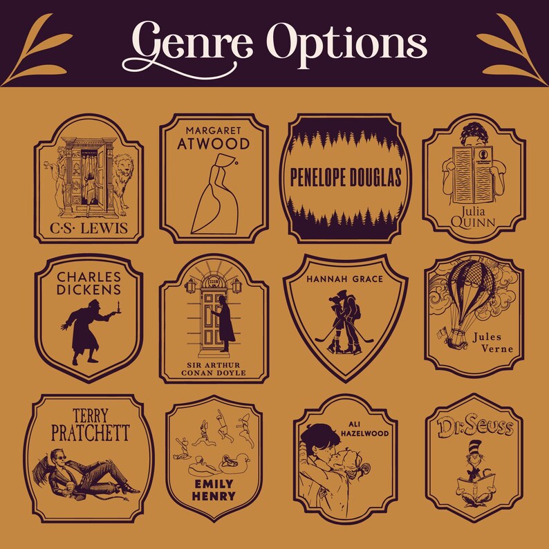 May include: A collection of brown and cream-colored labels with illustrations and author names. The labels are for various genres, including C.S. Lewis, Margaret Atwood, and Dr. Seuss. The text "Genre Options" is at the top.