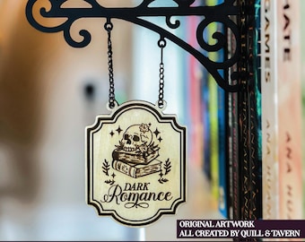Origineel bord Dark Romance taverne, op maat gemaakt boekgenre plankverdelers, gepersonaliseerde bibliotheekborden, boekcadeau, boekenhoek, Brits bedrijf