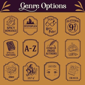 May include: A collection of brown and dark purple genre options, each within a decorative frame. Text includes "Genre Options", "Spicy Romance", "Dystopian", "Harry Potter", "Platform 9 3/4", "Special Editions", "A-Z", "Indie Authors", "LGBTQI+", "Comics", "MFC", "Manga", and "Travel".