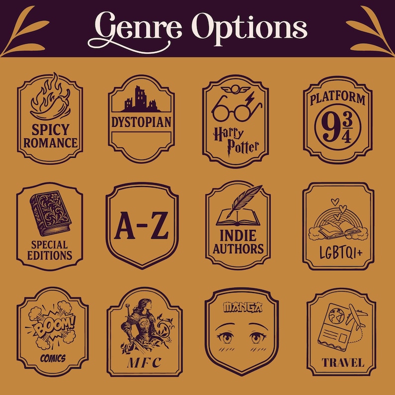 May include: A collection of brown and dark purple genre options, each within a decorative frame. Text includes "Genre Options", "Spicy Romance", "Dystopian", "Harry Potter", "Platform 9 3/4", "Special Editions", "A-Z", "Indie Authors", "LGBTQI+", "Comics", "MFC", "Manga", and "Travel".