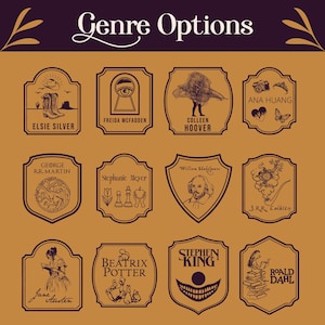 May include: A collection of brown and white book genre options, each with a unique illustration and author's name. The top text reads "Genre Options". Authors include Elsie Silver, Freida McFadden, Colleen Hoover, Ana Huang, George R.R. Martin, Stephanie Meyer, William Shakespeare, J.R.R. Tolkien, Jane Austen, Beatrix Potter, Stephen King, and Roald Dahl.