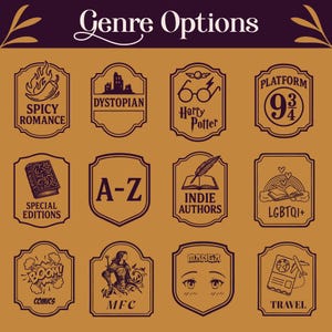 K&ouml;nnte beinhalten: Eine Sammlung von Genre-Optionen in Braun und Dunkelviolett, jeweils in einem dekorativen Rahmen. Der Text "Genre Options" steht oben. Die Optionen umfassen "Spicy Romance", "Dystopian", "Harry Potter", "Platform 9 3/4", "Special Editions", "A-Z", "Indie Authors", "LGBTQI+", "Comics", "MFC", "Manga" und "Travel".