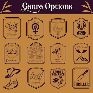 May include: A decorative poster with the text "Genre Options" at the top. The poster features various genre labels, including "Education," "Literature," "Star Wars," "Lord of the Rings," and "Thriller," each with a corresponding illustration.