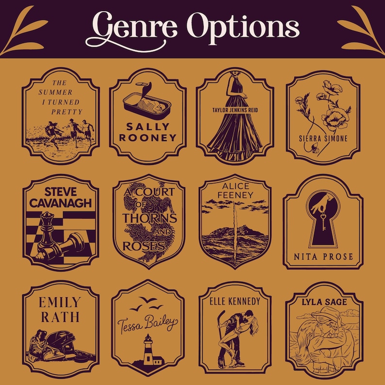 K&ouml;nnte beinhalten: Eine Sammlung von Buchcover-Designs mit einem dunkelvioletten und goldenen Farbschema. Jedes Cover zeigt Illustrationen und Autorennamen, darunter "Genre Options" oben. Die Cover haben eine dekorative Schildform.