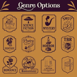 May include: A collection of illustrated genre options in a vintage style. The image features labels for Dark Romance, Science Fiction, Mystery, Smut, Fantasy, Poetry, Horror, TBR, Romance, Romantasy, Western Romance, and Sprayed Edges.