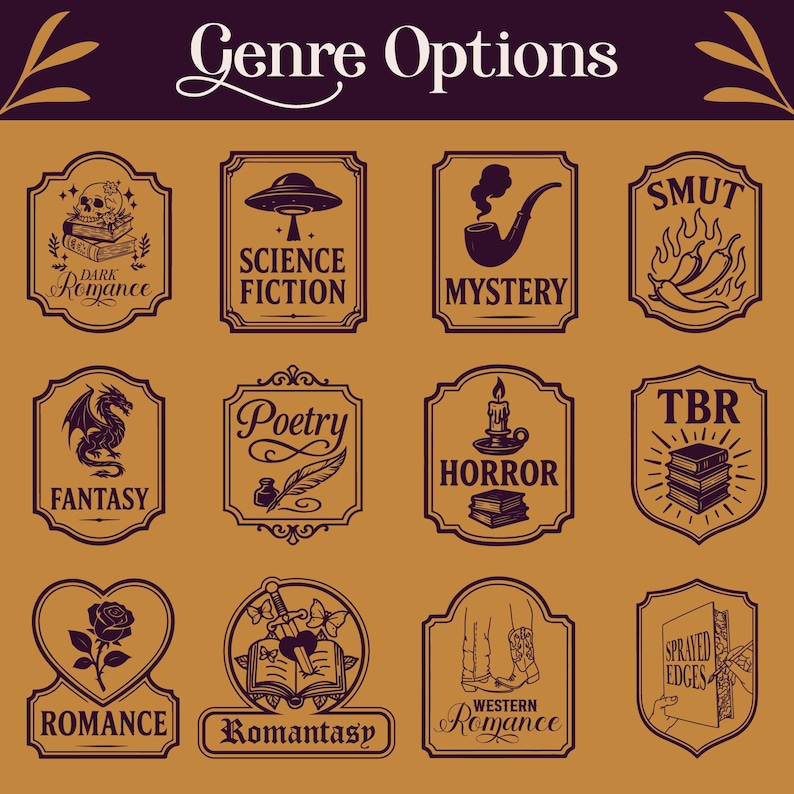 May include: A collection of illustrated genre options in a vintage style. The image features labels for Dark Romance, Science Fiction, Mystery, Smut, Fantasy, Poetry, Horror, TBR, Romance, Romantasy, Western Romance, and Sprayed Edges.