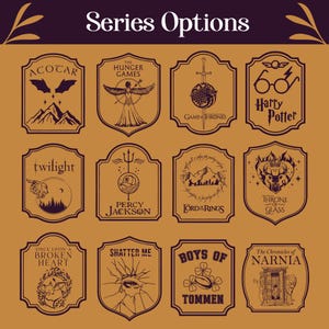 May include: Twelve brown and dark brown framed logos for book series, such as "ACOTAR," "The Hunger Games," "Game of Thrones," and "Harry Potter." The words "Series Options" are at the top. Each logo has a unique illustration.