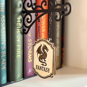 May include: A black metal bookshelf sign with a decorative scroll design, hanging from a chain. The sign is made of light wood and features a dragon illustration and the word "FANTASY". Books with colorful spines are in the background.