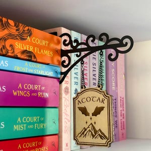 K&ouml;nnte beinhalten: Ein dekoratives schwarzes Metallschild mit dem Text "ACOTAR" und einem Berg- und Fledermausdesign, das vor einem Stapel bunter B&uuml;cher h&auml;ngt. Die B&uuml;cher tragen Titel wie "A Court of Silver Flames" und "A Court of Wings and Ruin."